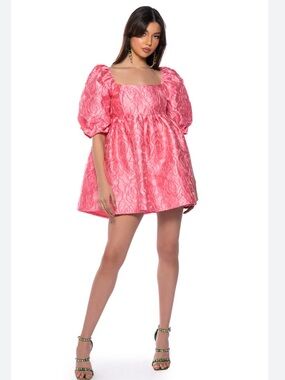 AKIRA Label Rose Brocade Puff Sleeve Mini Dress